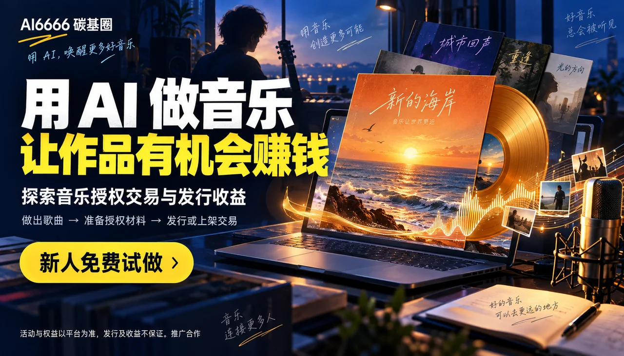 用 AI 做音乐，让作品有机会赚钱。探索音乐授权交易与发行收益。做出歌曲、准备授权材料、发行或上架交易。